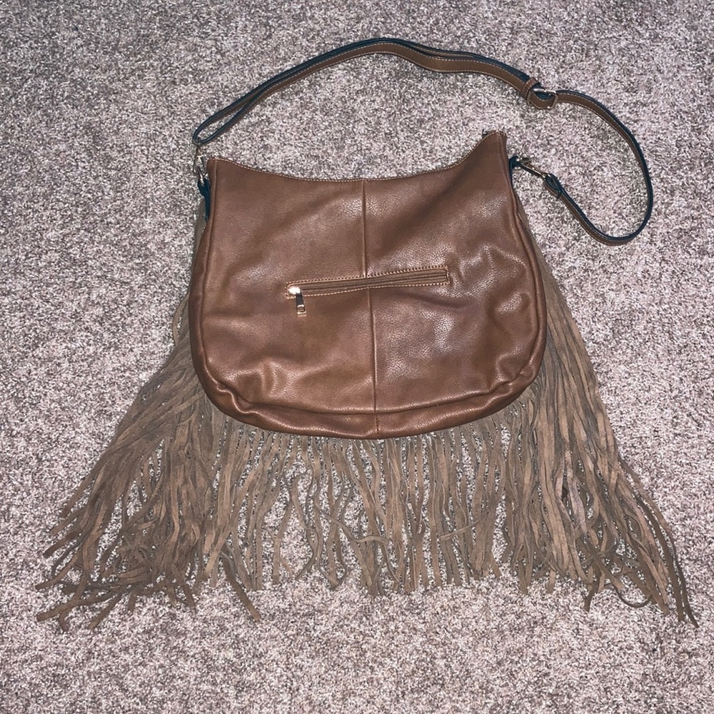 Rich, Supple, Brown Genuine-Leather Fringed Shoulder Bag - Picture 3 of 10